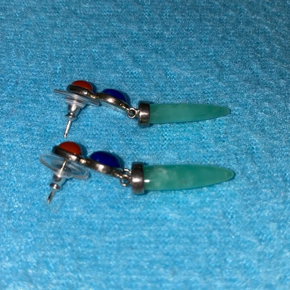 WHITNEY KELLY Jadeite lapis agate pierced earrings .925 sterling silver vintage